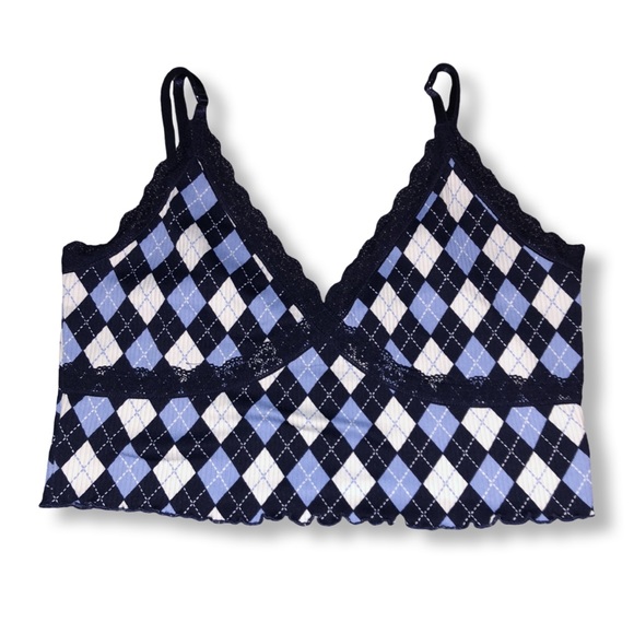 Divided by H&M Ribbed Blue Argyle Lettuce Hem Lace Trim V-Neck Cami Crop Top Y2K - Picture 4 of 7